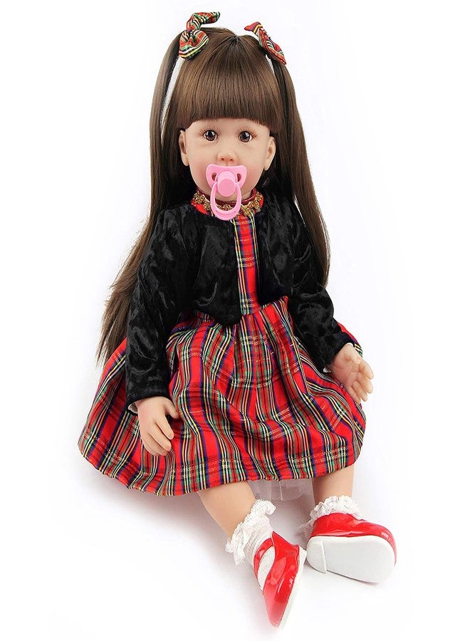 truly soft Realistic Baby Doll with Long Hair, Red Plaid Dress, and Black Sweater, 24 Inches Realistic Baby Doll Soft Silicone Vinyl Lifelike Newborn Baby Girl, Real Baby with Soft Weighted Body - Image 3